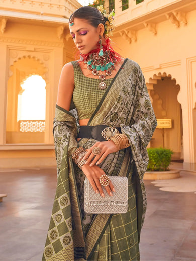 Charming Grey & Green Floral Printed Silk Mehendi Wear Saree
